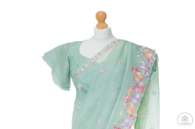 Green Crush Chiffon Saree with Embroidery