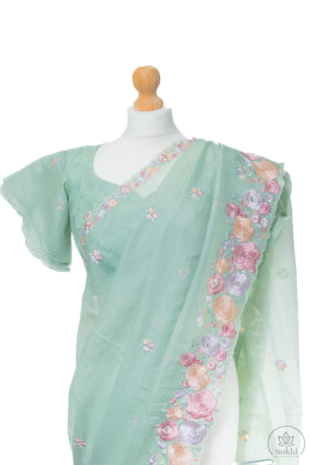 Green Crush Chiffon Saree with Embroidery