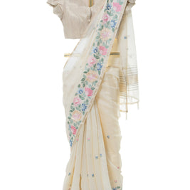 Off-White Linen Organza Saree with Matching Blouse