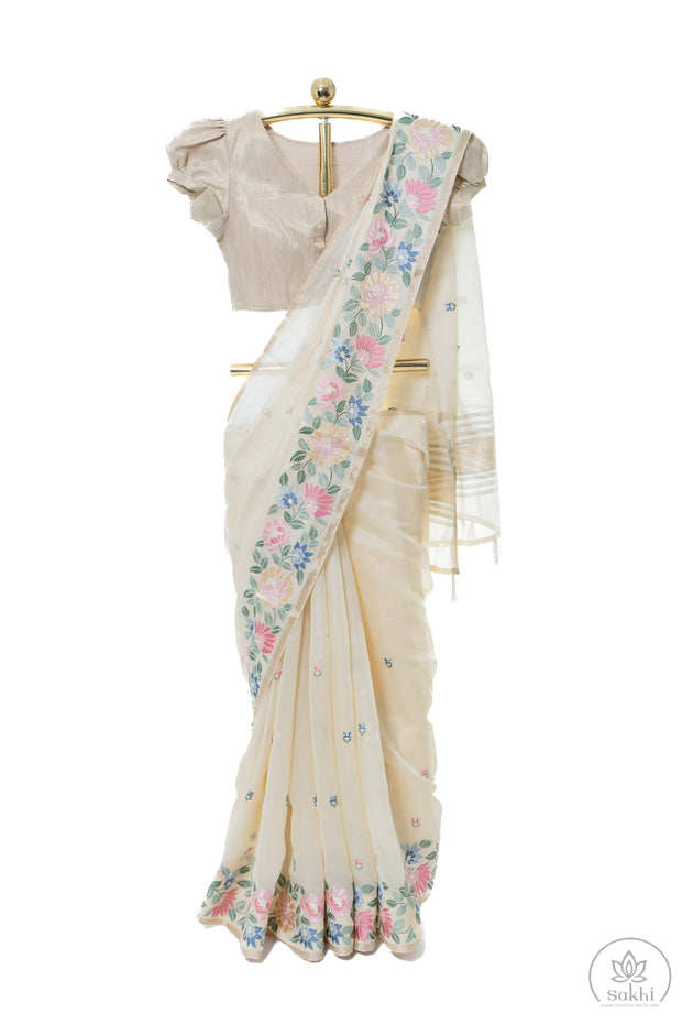 Off-White Linen Organza Saree with Matching Blouse