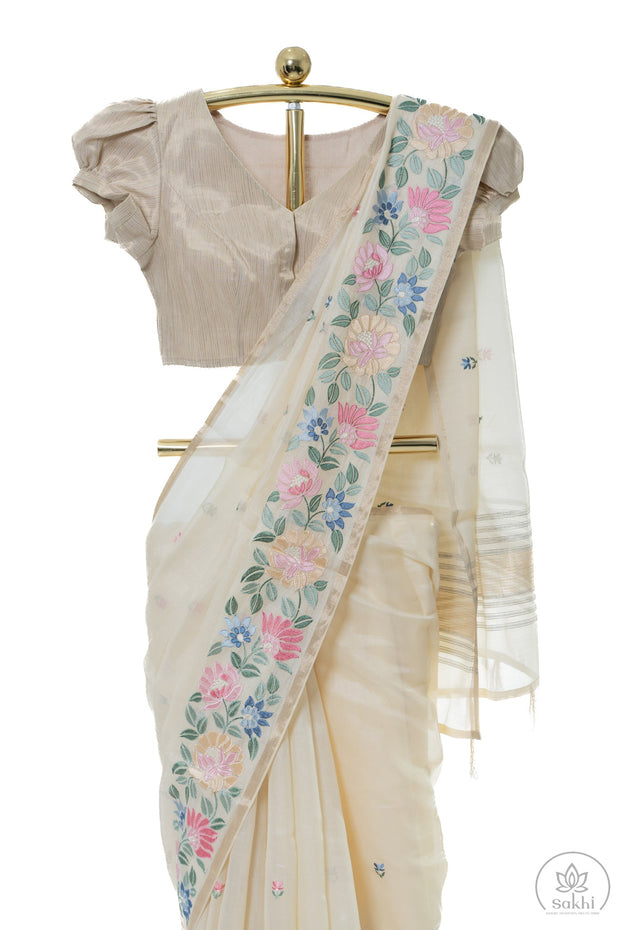 Off-White Linen Organza Saree with Matching Blouse