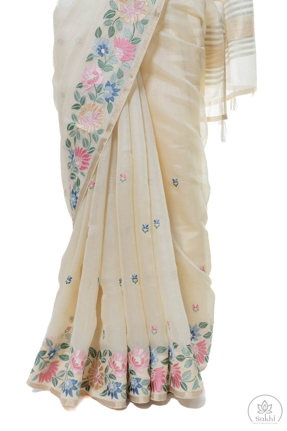 Off-White Linen Organza Saree with Matching Blouse