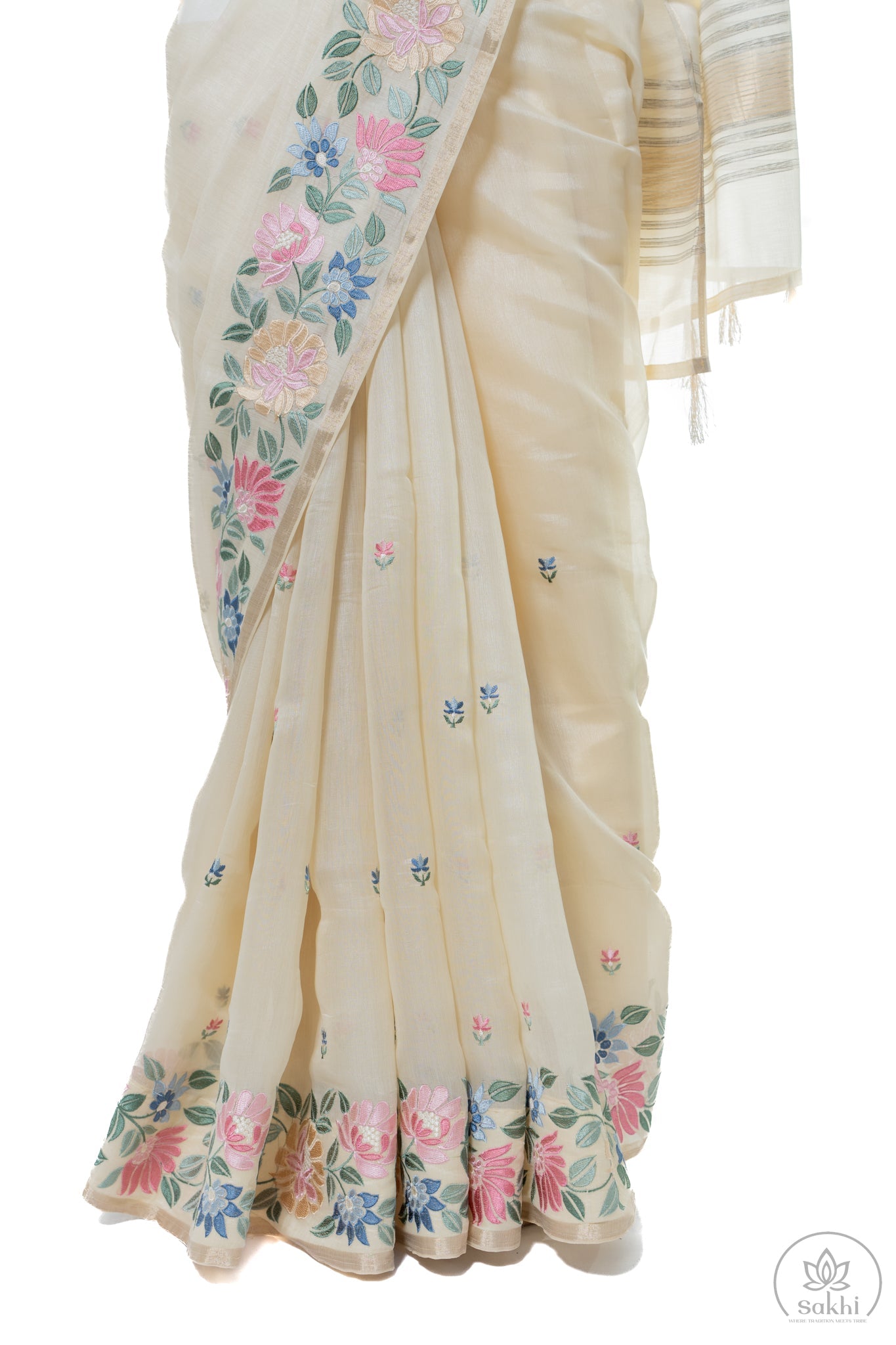 Off-White Linen Organza Saree with Matching Blouse