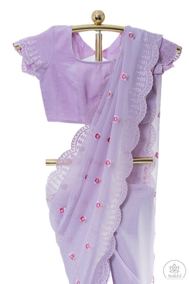 Lilac Crush Chiffon Saree with Delicate Threaded Scallop Border