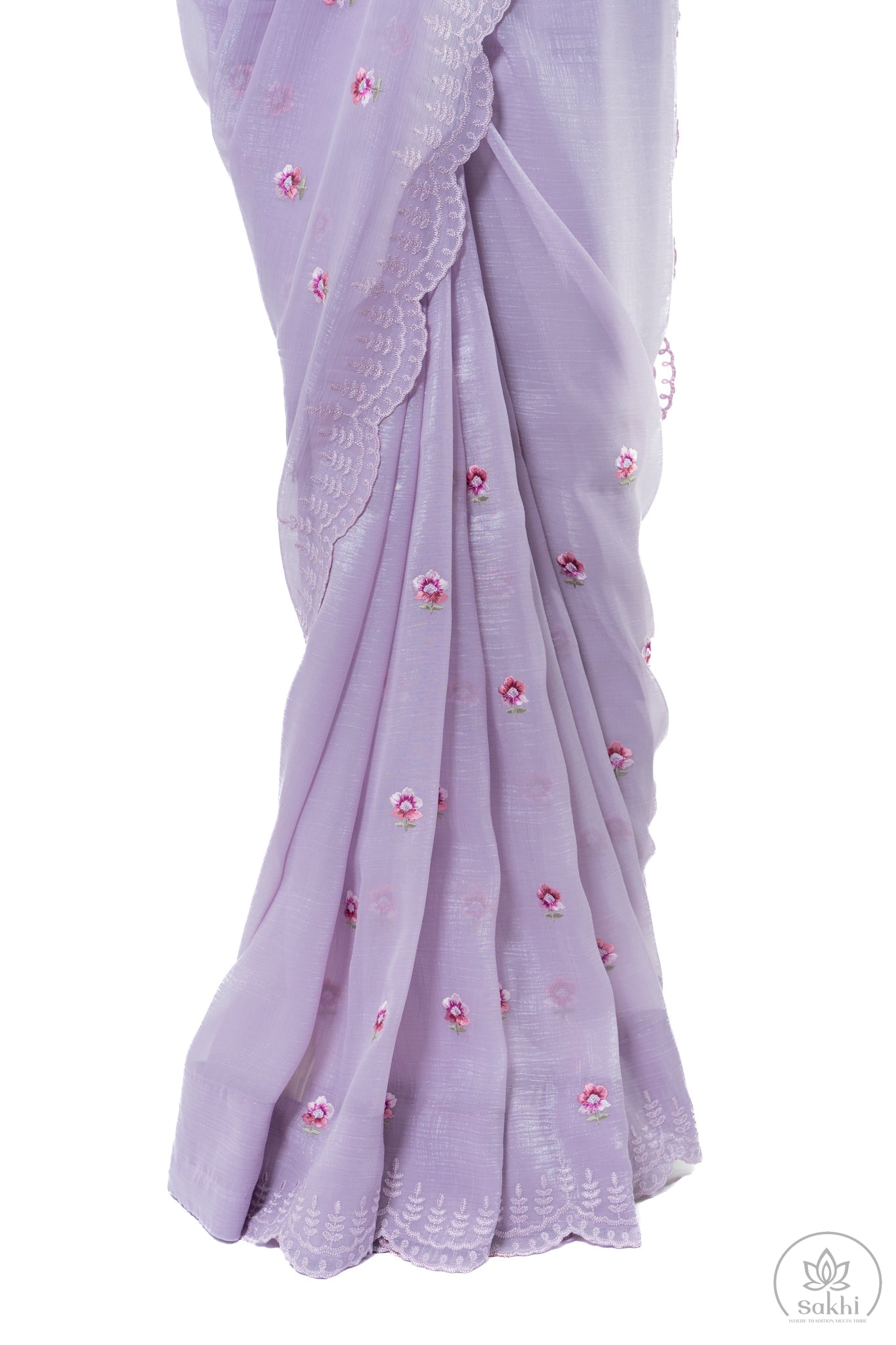 Lilac Crush Chiffon Saree with Delicate Threaded Scallop Border