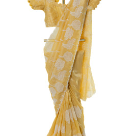Yellow Crush Crape Saree with Matching Blouse