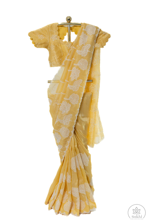 Yellow Crush Crape Saree with Matching Blouse