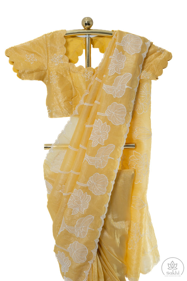 Yellow Crush Crape Saree with Matching Blouse