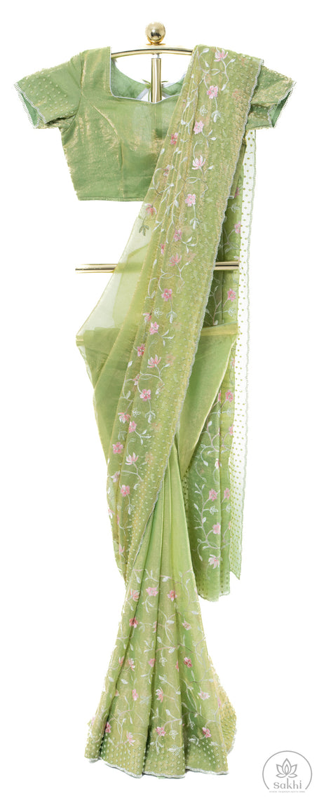 Green Crush Chiffon Saree with Matching Blouse