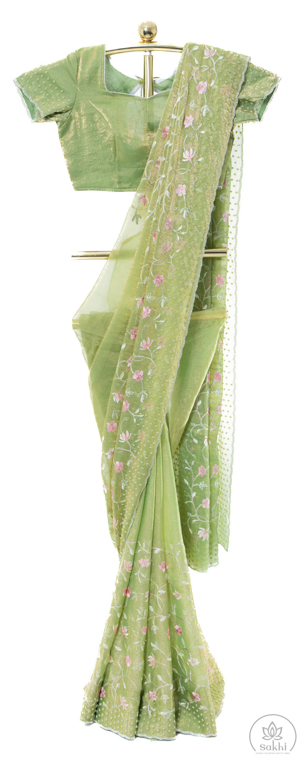 Green Crush Chiffon Saree with Matching Blouse