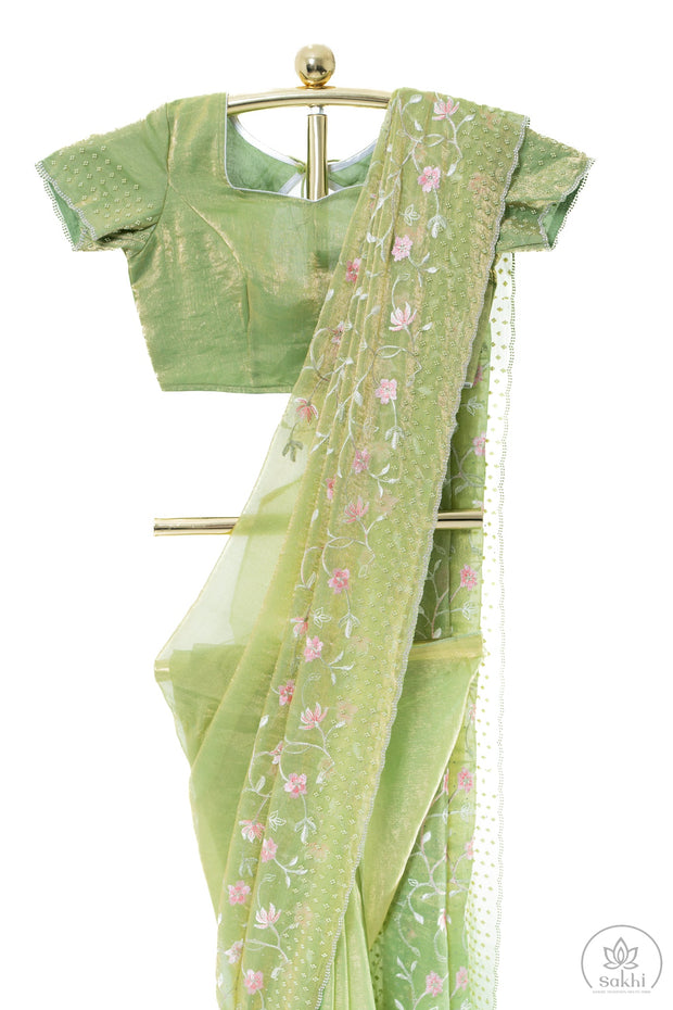 Green Crush Chiffon Saree with Matching Blouse