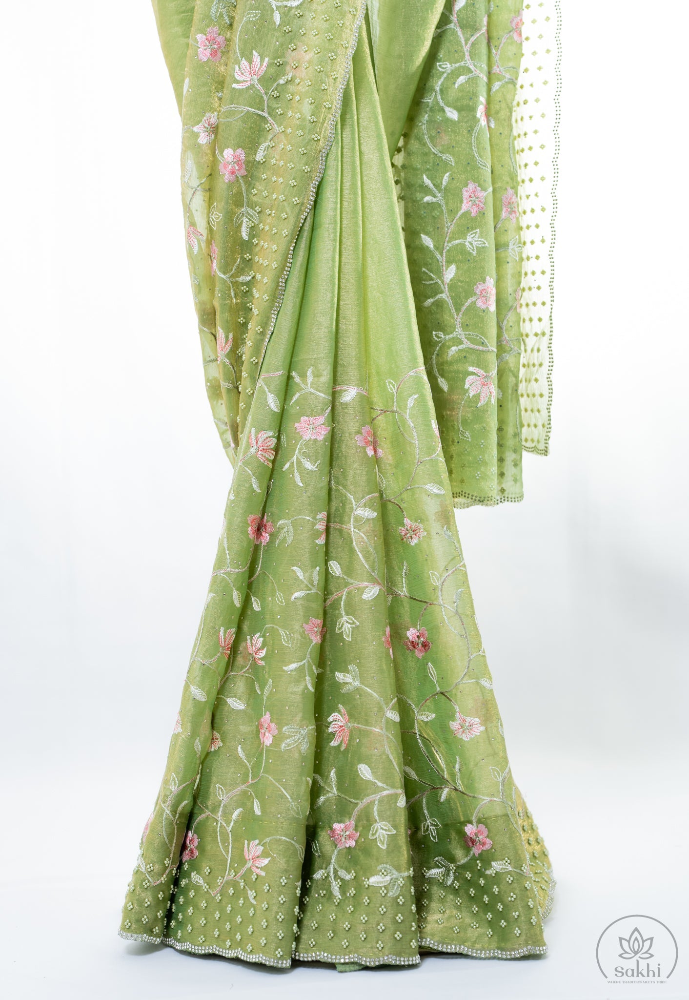 Green Crush Chiffon Saree with Matching Blouse