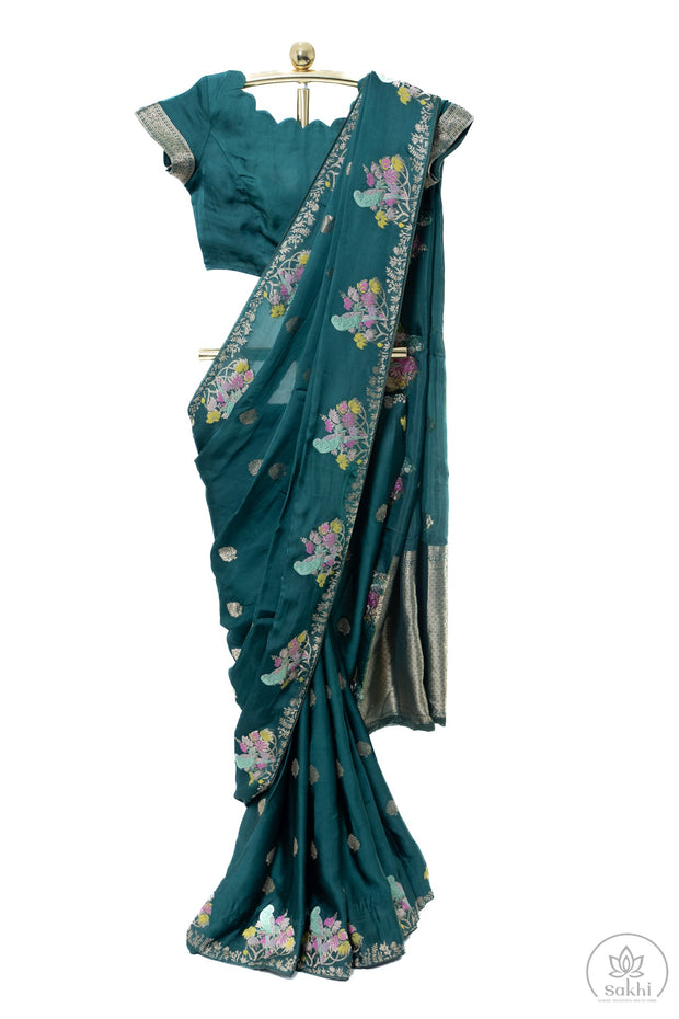Dark Green Mashru Saree with Matching Blouse