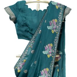 Dark Green Mashru Saree with Matching Blouse