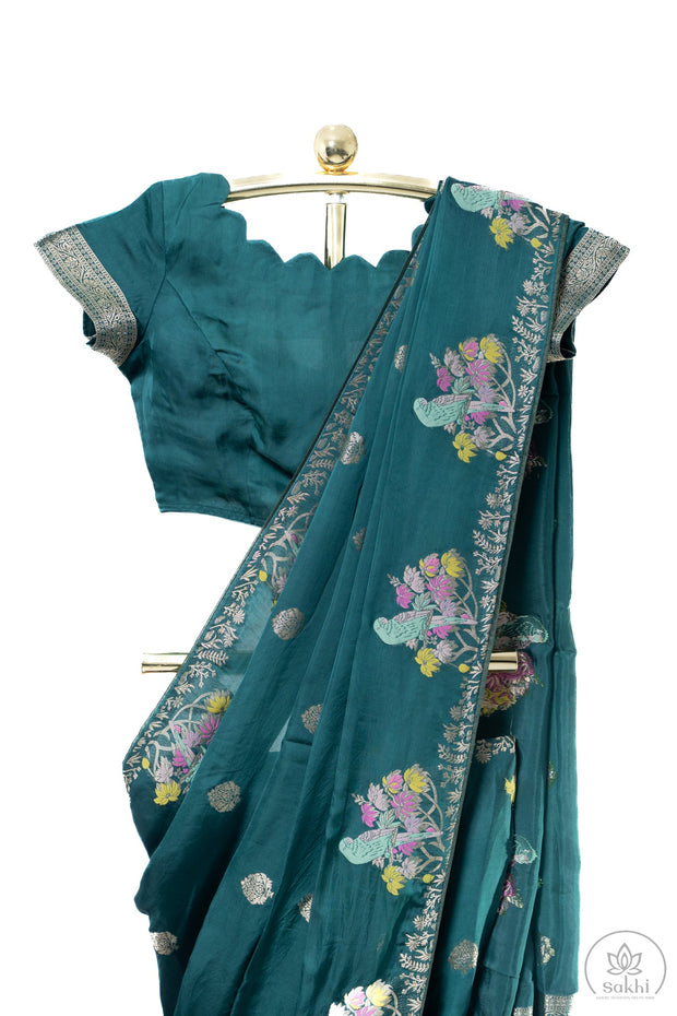 Dark Green Mashru Saree with Matching Blouse