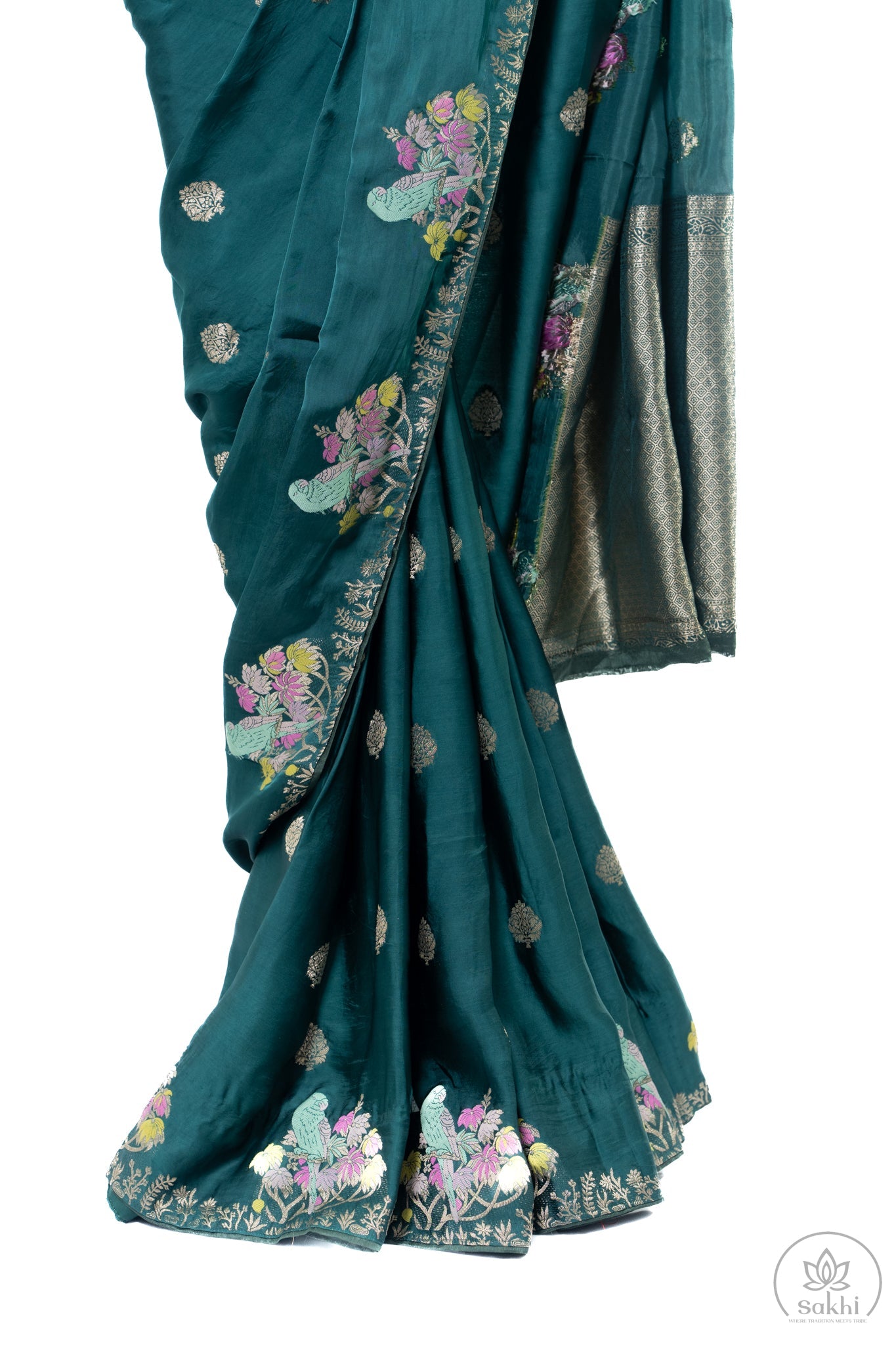 Dark Green Mashru Saree with Matching Blouse