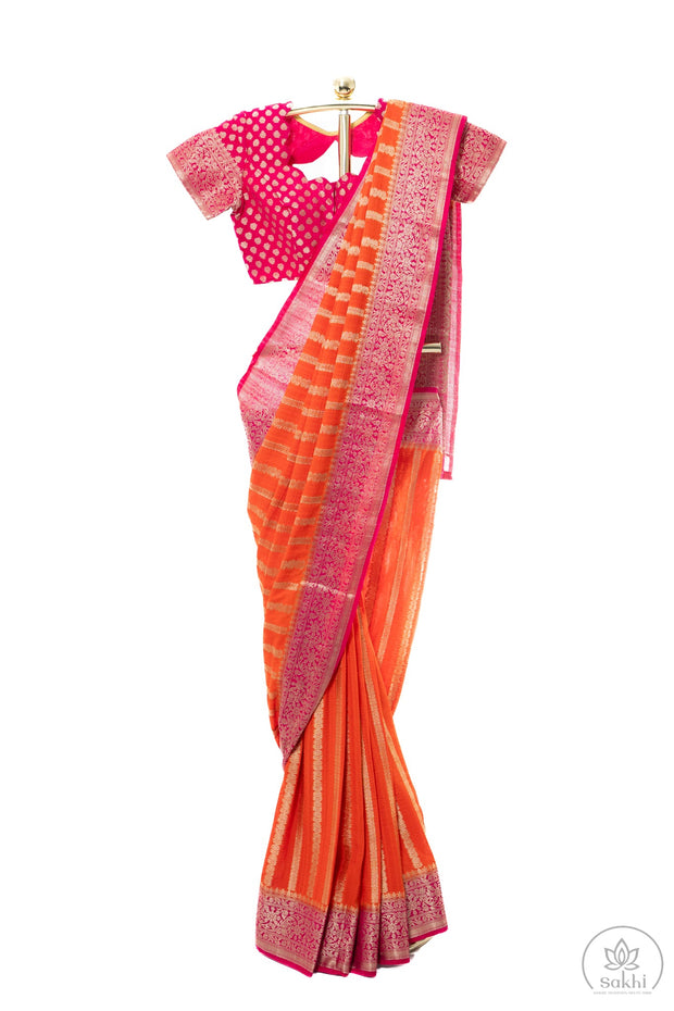 Orange Tusser Georgette Saree with Pink Blouse