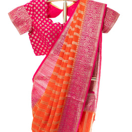 Orange Tusser Georgette Saree with Pink Blouse