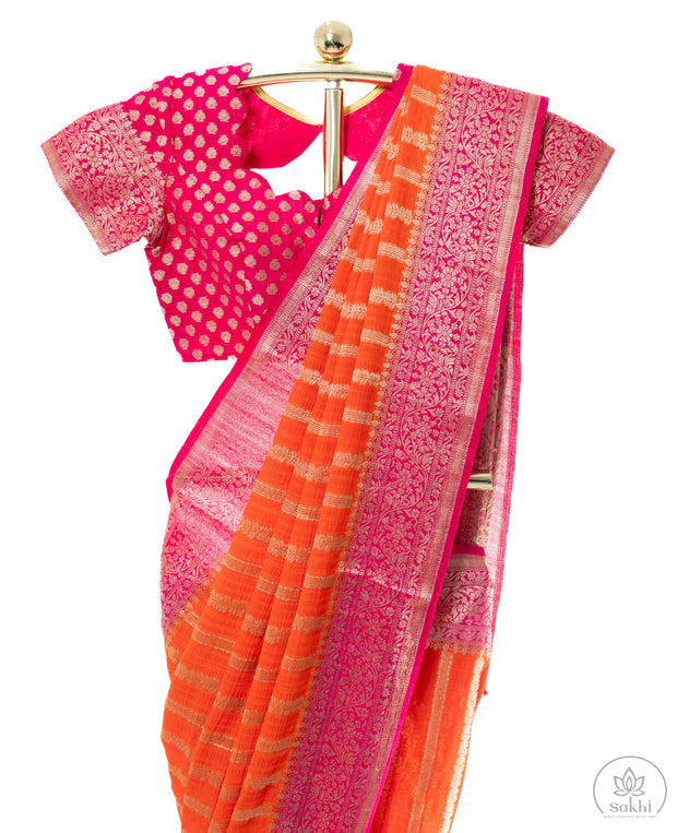 Orange Tusser Georgette Saree with Pink Blouse