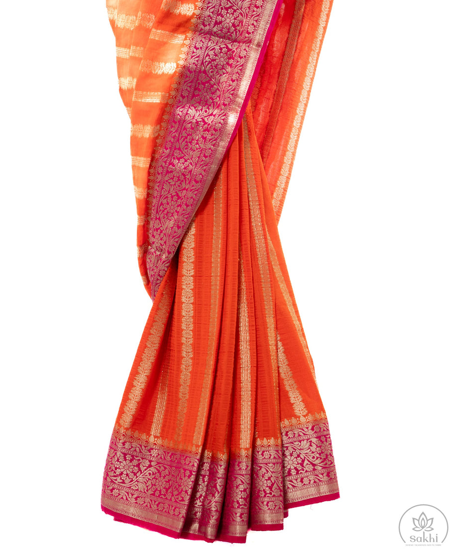 Orange Tusser Georgette Saree with Pink Blouse