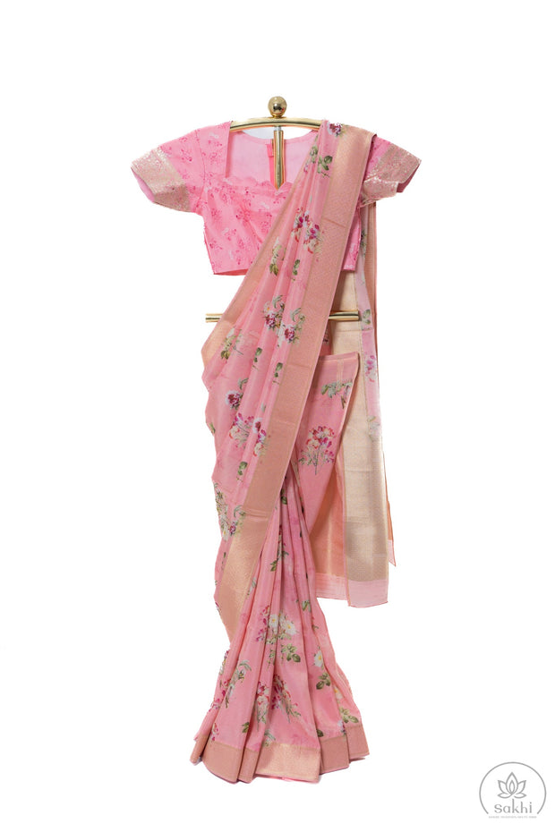 Baby Pink Georgette Saree with Matching Blouse