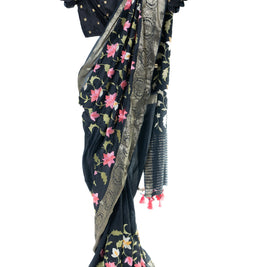 Black Soft Malai Silk Saree with Matching Blouse
