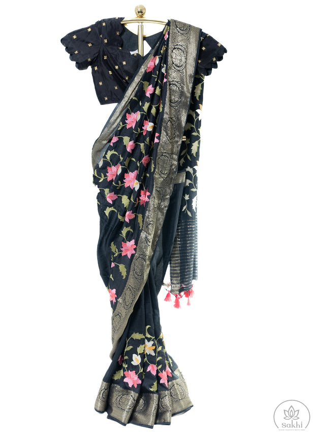 Black Soft Malai Silk Saree with Matching Blouse