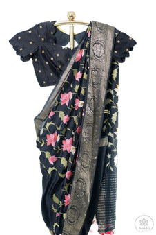 Black Soft Malai Silk Saree with Matching Blouse