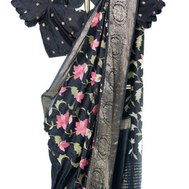 Black Soft Malai Silk Saree with Matching Blouse