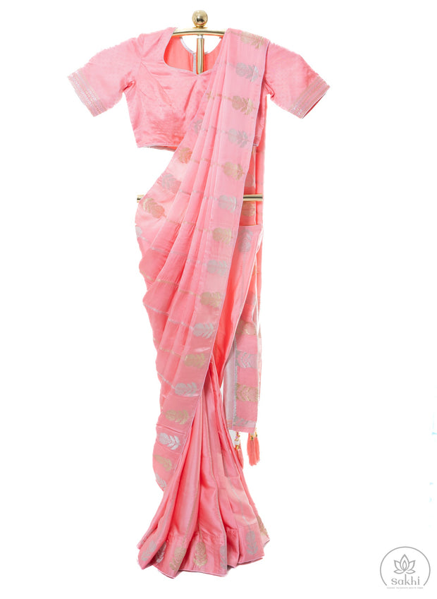 Coral Pink Butter Silk Saree with Matching Blouse