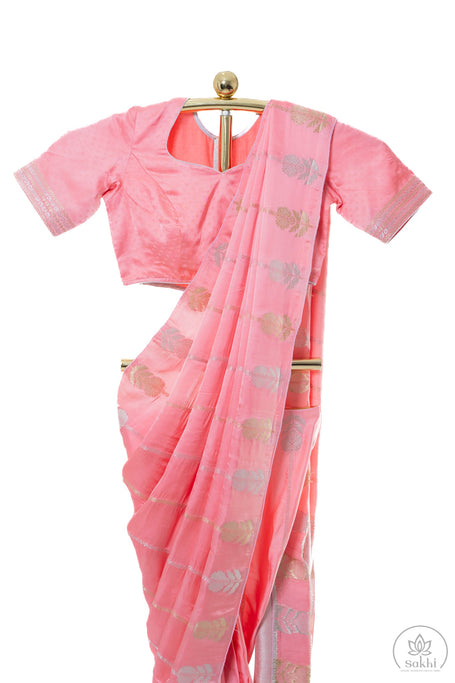 Coral Pink Butter Silk Saree with Matching Blouse