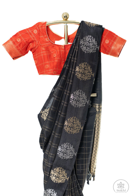 Black Maslin Silk Saree with Orange Blouse