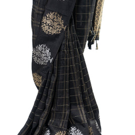 Black Maslin Silk Saree with Orange Blouse