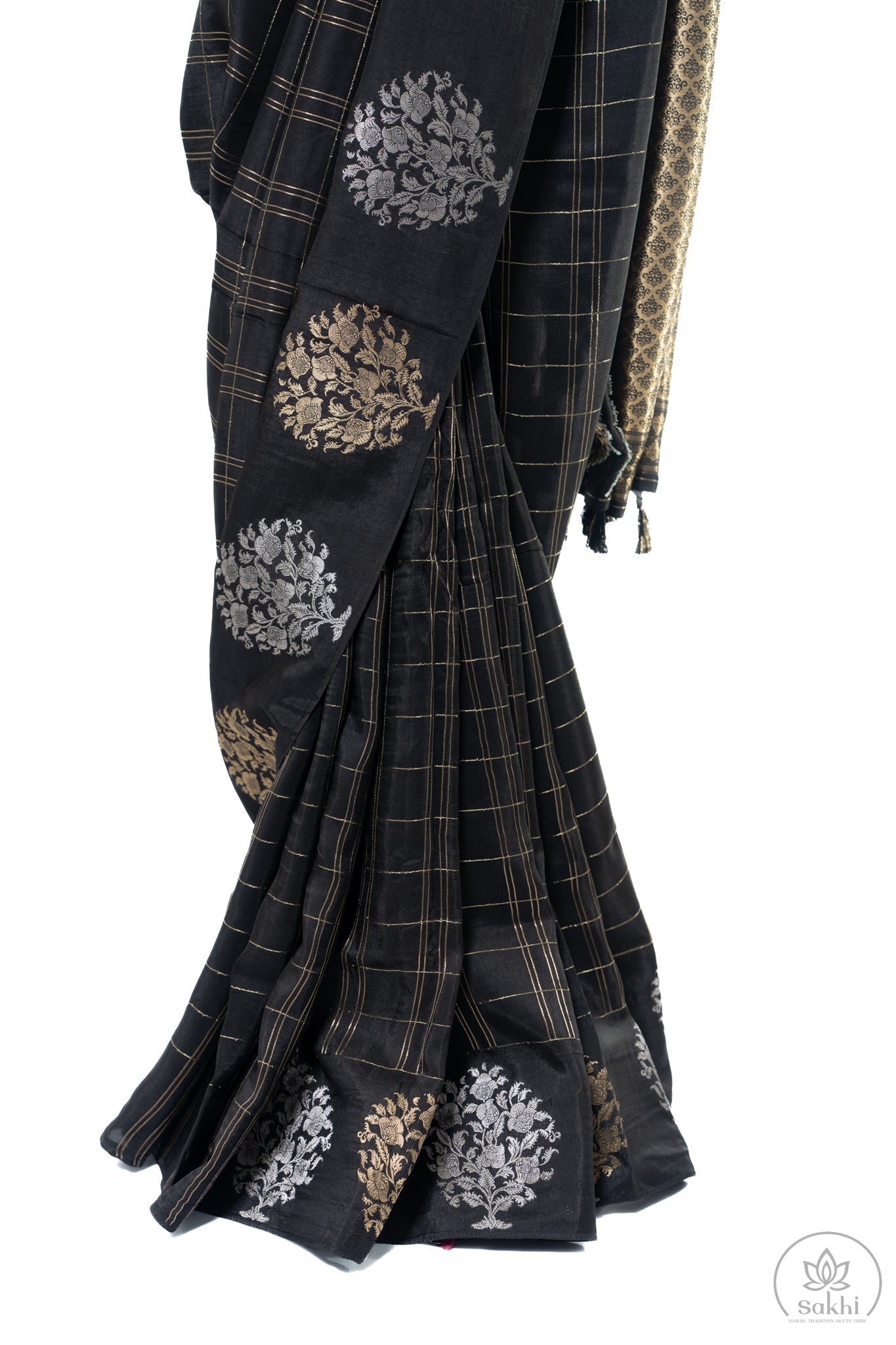 Black Maslin Silk Saree with Orange Blouse