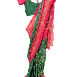 Green and Pink Hand Bandhej Saree with Matching Blouse