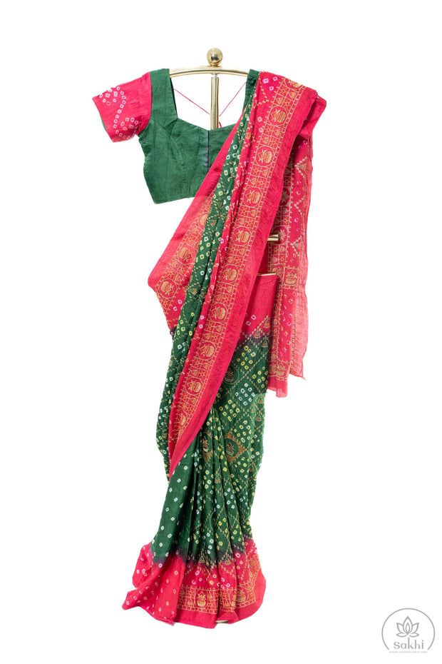 Green and Pink Hand Bandhej Saree with Matching Blouse