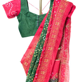 Green and Pink Hand Bandhej Saree with Matching Blouse