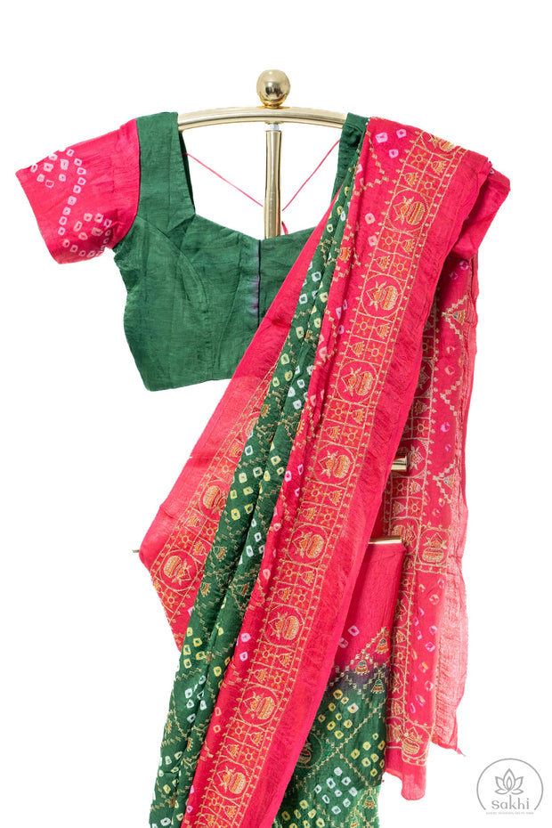Green and Pink Hand Bandhej Saree with Matching Blouse