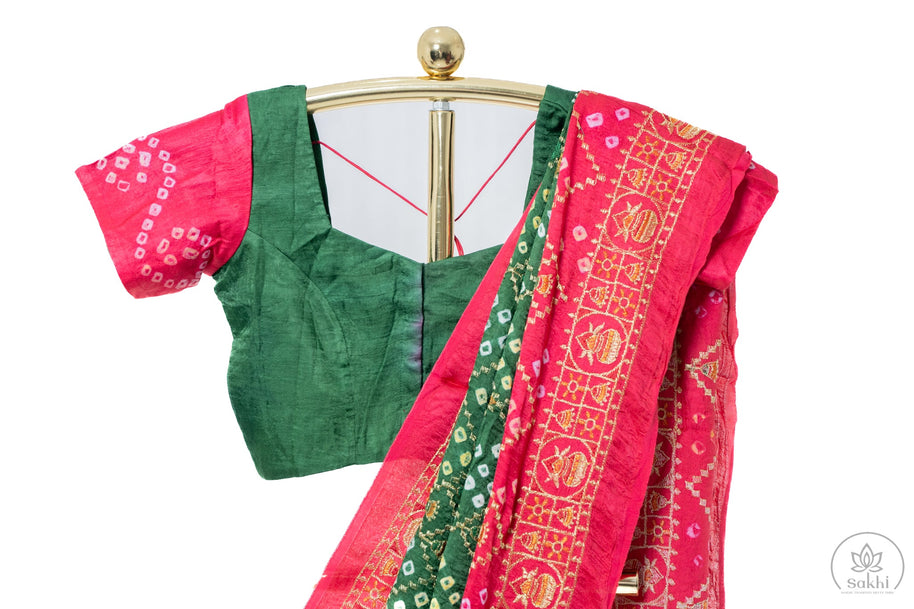 Green and Pink Hand Bandhej Saree with Matching Blouse