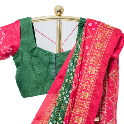 Green and Pink Hand Bandhej Saree with Matching Blouse