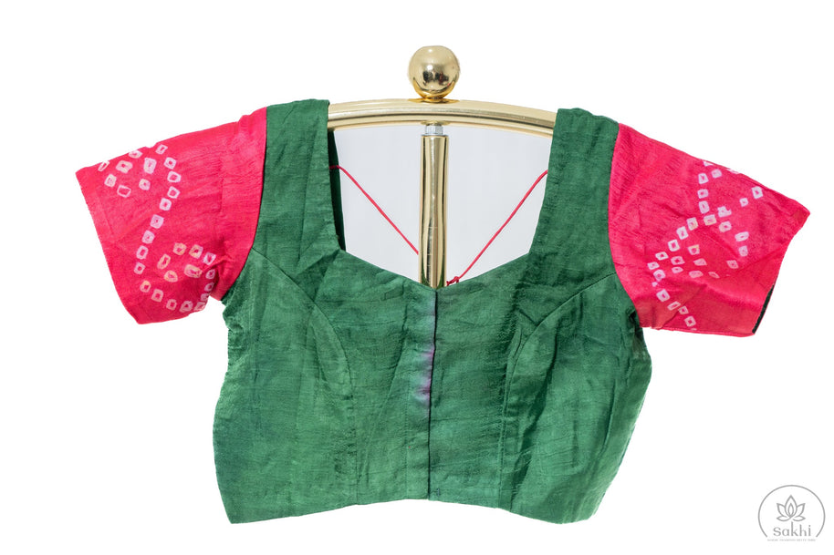 Green and Pink Hand Bandhej Saree with Matching Blouse