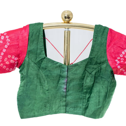 Green and Pink Hand Bandhej Saree with Matching Blouse