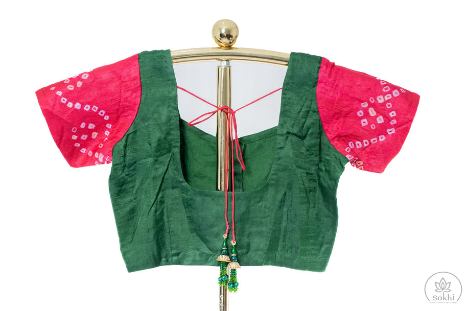 Green and Pink Hand Bandhej Saree with Matching Blouse