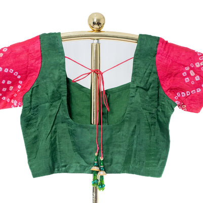 Green and Pink Hand Bandhej Saree with Matching Blouse