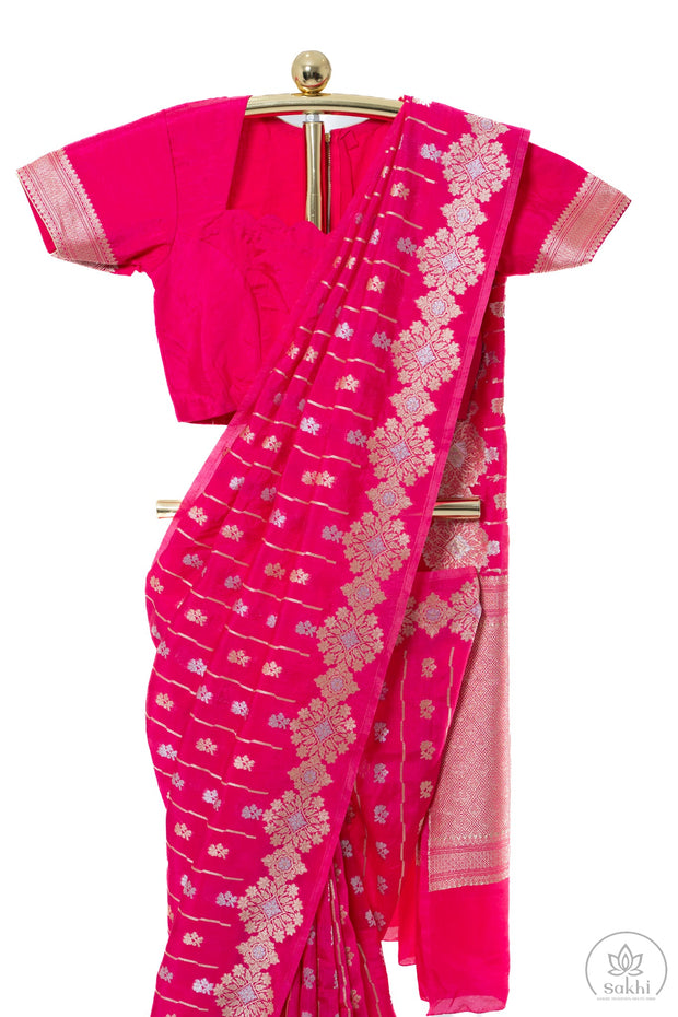Pink Raw Mango Saree with Matching Blouse