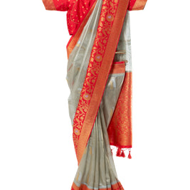 Grey Tissue Kadiyal Saree with Red Blouse
