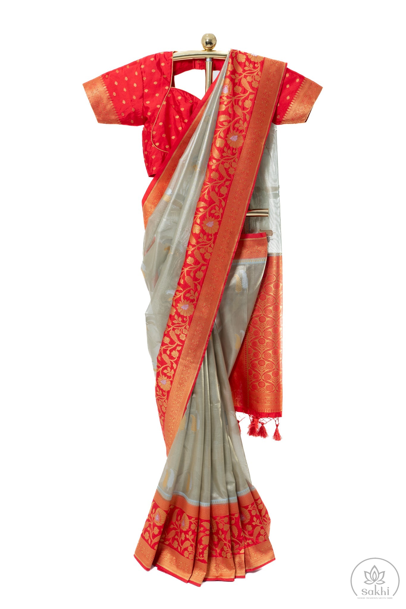 Grey Tissue Kadiyal Saree with Red Blouse