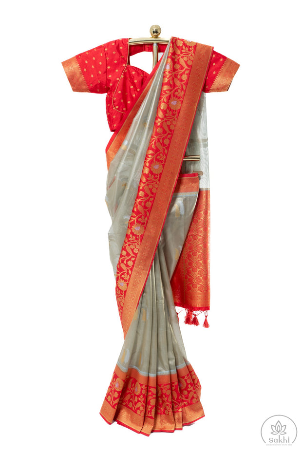 Grey Tissue Kadiyal Saree with Red Blouse