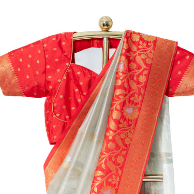 Grey Tissue Kadiyal Saree with Red Blouse