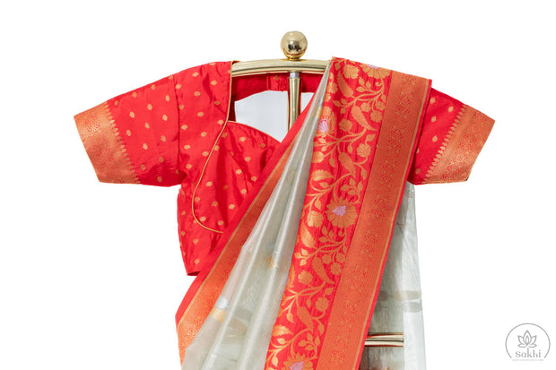 Grey Tissue Kadiyal Saree with Red Blouse
